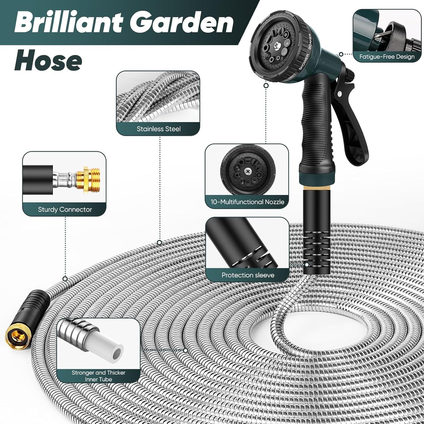 Garden Hose 50 FT with 10-Function Nozzle, Leak-proof Metal Connector Water Hose, No Knots, Kink-Free, Lighter, Anti-Pets, Wear-Resistant, 3/4 GHT, Metal Hose for Garden, Yard, Outdoor