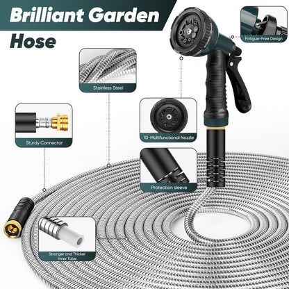Garden Hose 50 FT with 10-Function Nozzle, Leak-proof Metal Connector Water Hose, No Knots, Kink-Free, Lighter, Anti-Pets, Wear-Resistant, 3/4 GHT, Metal Hose for Garden, Yard, Outdoor