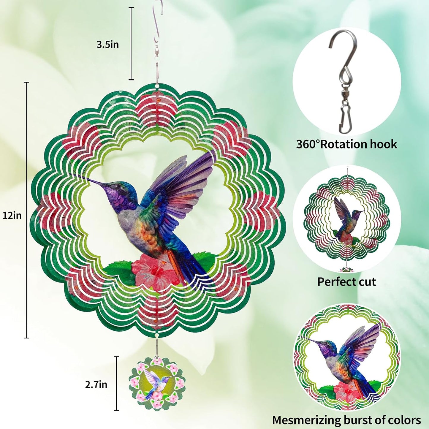 3D Hummingbird Wind Spinners for Yard and Garden Patio Decor 12 Inch Outdoor Metal Stainless Steel Wind Spinner Unique Gift Holiday Wind Sculptures