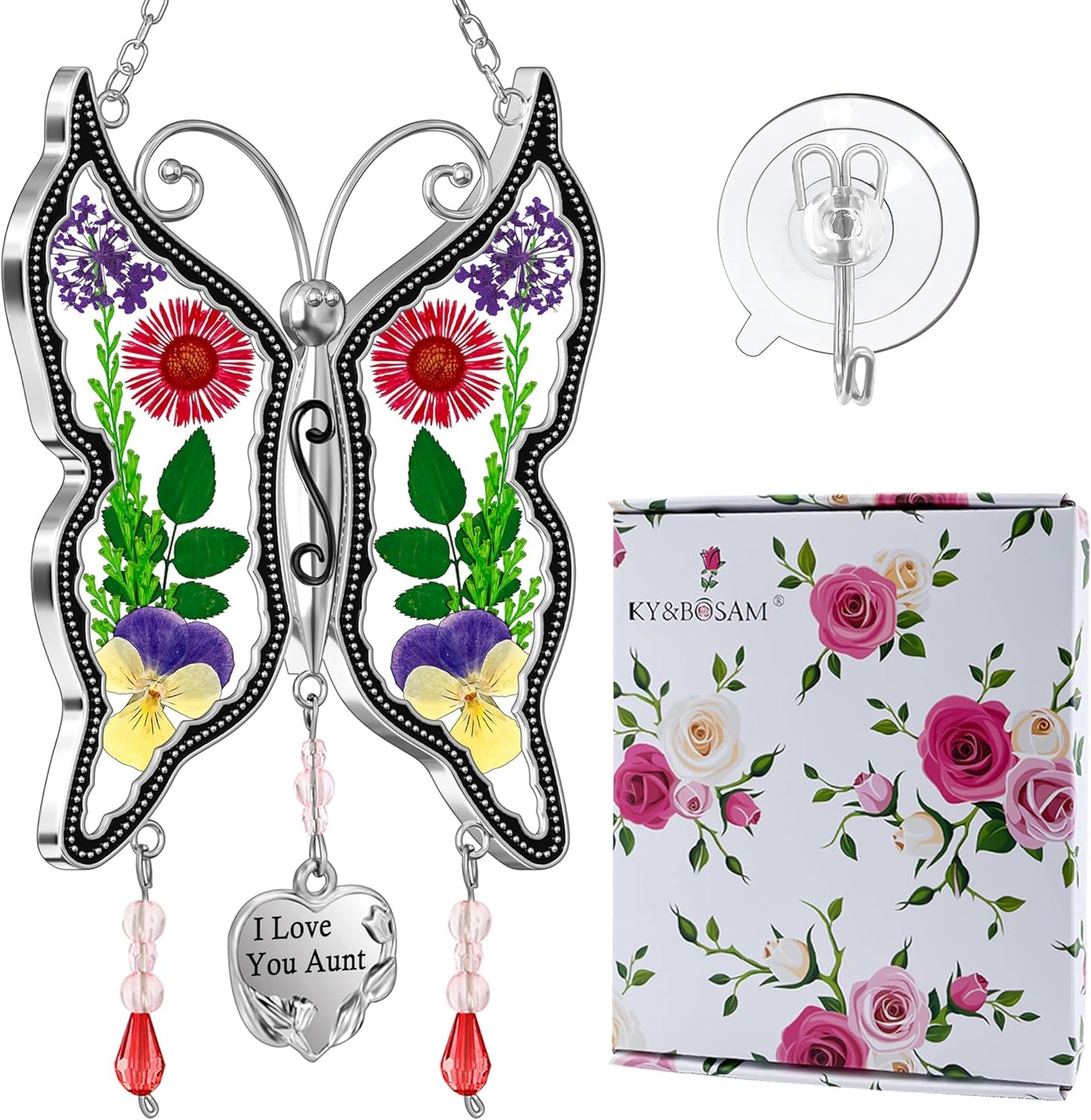 KY&BOSAM Gift for Aunt Suncatcher Butterfly I Love You Aunt Gift Stain Glass Suncather for Window Hanging Wind Chime with Pressed Flower Embedded Birthday Gifts for Women Mother`s Day Christmas