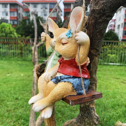 iRonrain Garden Statue Swing Bunny Couples, Indoor Outdoor Hanging Rabbits Lover Sculpture Funny Simulation Art Décor Figurine Ornament for Fence Pathway Backyard Landscape Tree Decorations