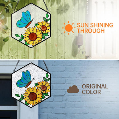 Butterfly Sunflower Stained Glass Suncatchers Windows Hanging Decorative,Hand Paint Sun Sunflower Catchers Indoor Ornaments with Stick Hook,Memorial Gifts for Mom/Women