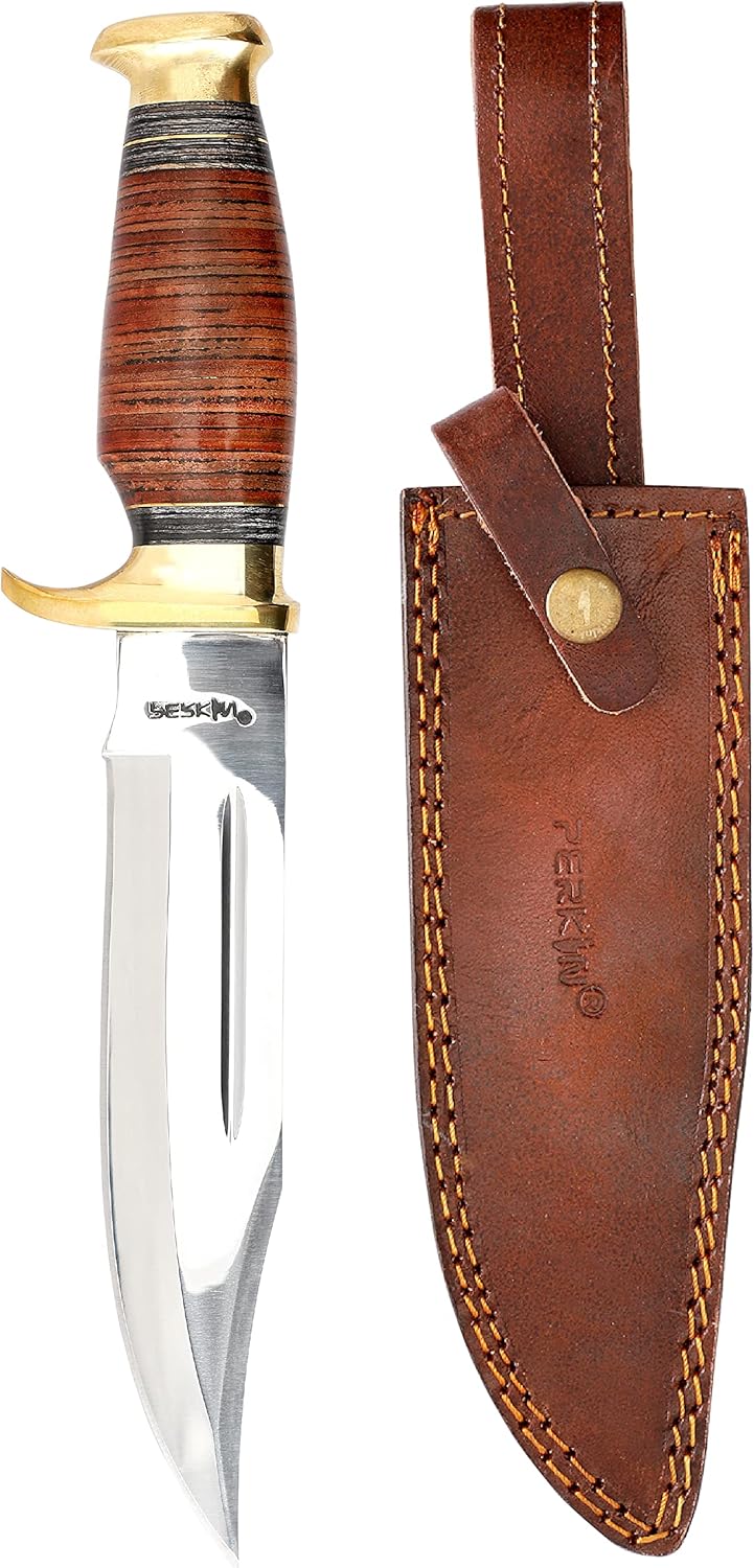 Hunting Knife with Sheath - 12.5" Fixed Blade Knife with Leather Handle & Sheath - 59-60 HRC Rated & Full Tang Design Hunting Knife for Survival, Fishing, Tactical, Camping & Bushcraft - Perkin Knives