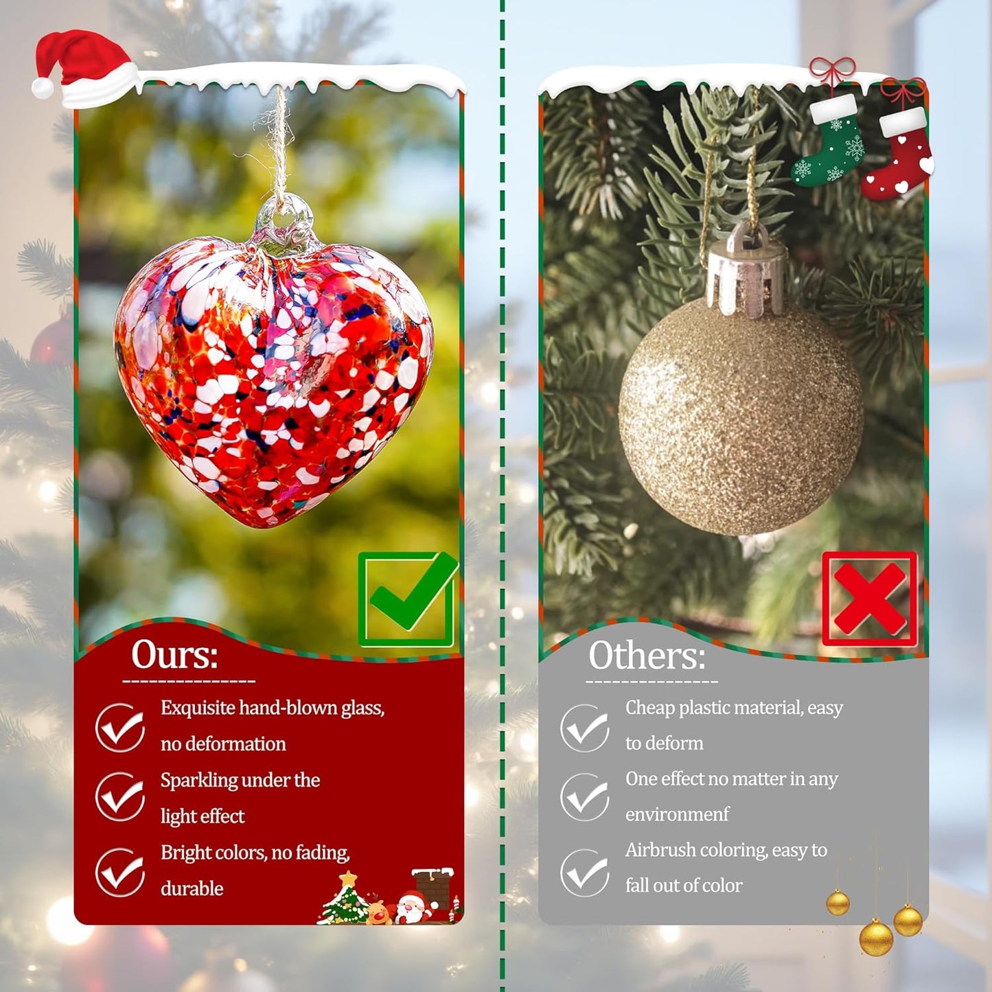 Hand Blown Glass Gazing Balls for Garden Love Heart Hanging Friendship Balls Christmas Ball Ornaments for Xmas Tree Decoration (Red - A)