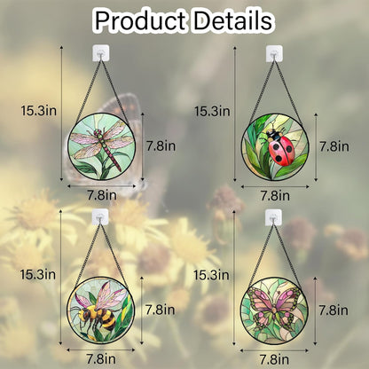 Stained Glass Window Hanging 4 Pcs Set Pink Green Insect Theme 7.8" - Butterfly Suncatcher Door Garden Sun Catcher Decor Birthday Christmas for Mom Woman Nana Men
