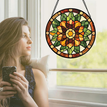 Stained Glass Window Hanging - Yellow Green Boho Style Flowers Sun Catcher for Door Garden Home Decor Suncatcher Christmas Mother's Day Birthday Gifts for Women Mom Girl Nana Friend 7.8 in