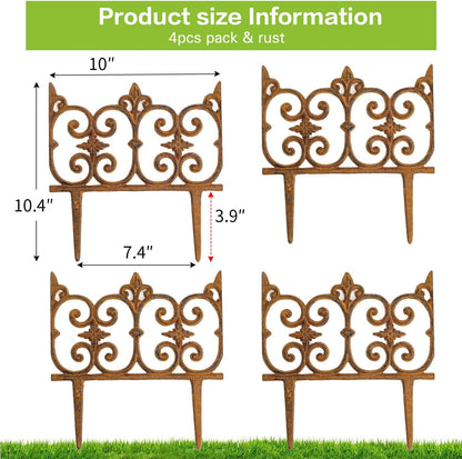 Sungmor Decorative Cast Iron Garden Edging, 4 Pack Full Rusted Victorian Garden Edging Landscape Border, Vintage Metal Yard Stake Low Picket Fence, 10.6" Tall Outdoor Flower Bed Lawn Fence Panels