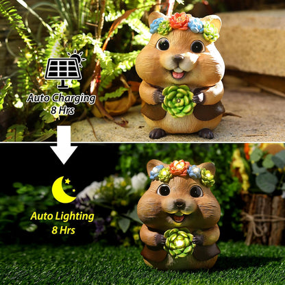 Solar Garden Decor Outdoor Statues Hamster with Succulent and LED Lights Birthday Gifts for Women Mom Grandma Outside Decorations for Lawn, Porch, Yard, Patio, Balcony