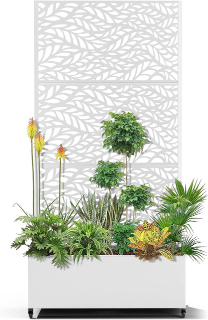 15.7"×70.9"×35.4" Metal Raised Garden Bed with Trellis and Wheels - Tall Trellis Planter Box for Climbing Plants, Vegetables & Vines - Outdoor Privacy Planters for Patio (White-Spring)