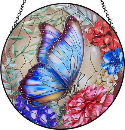 12''Stained Glass Butterfly Suncatcher, Window Hanging, Colorful Glass Decor with Metal Chain