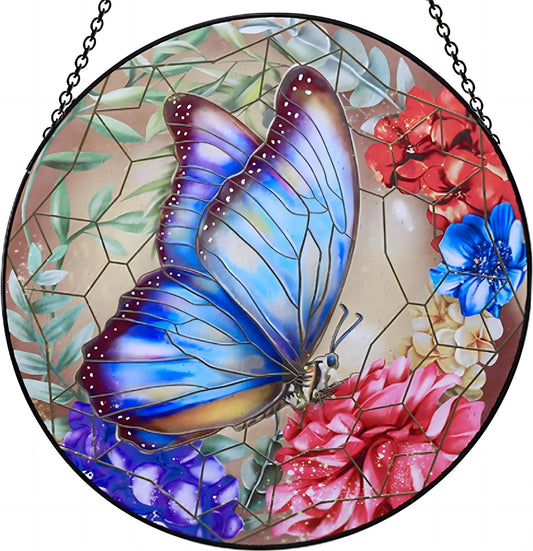 12''Stained Glass Butterfly Suncatcher, Window Hanging, Colorful Glass Decor with Metal Chain