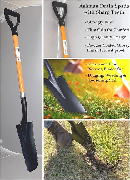 Ashman Drain Spade Teeth Shovel (1 Pack) - 48 Inches Long Handle Spade with D Handle Grip - Durable Handle with a Thick Metal Blade - Multipurpose Premium Quality Orange Shovel.