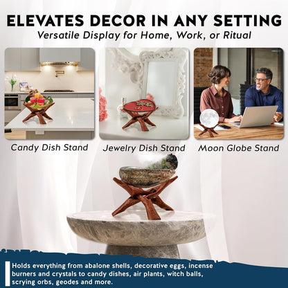 Alternative Imagination Wooden Tripod Display Stand – 6-Inch Hand Carved Holder Made from Sustainable Mango Wood – Folding Reddish-Brown Stand for Abalone Shell, Crystal Ball, Key Bowl, Trinket Dish, Incense, Decor and More