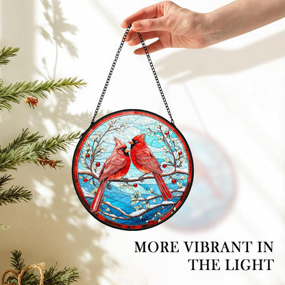 Cardinal Suncatcher Stained Glass Window Hanging Decor, Winter Christmas Cardinal Stained Glass Wall Decor, Christmas Bird Lawn Garden Sun Catchers Indoor Window Hanging Wall Art, 7.9x7.9In