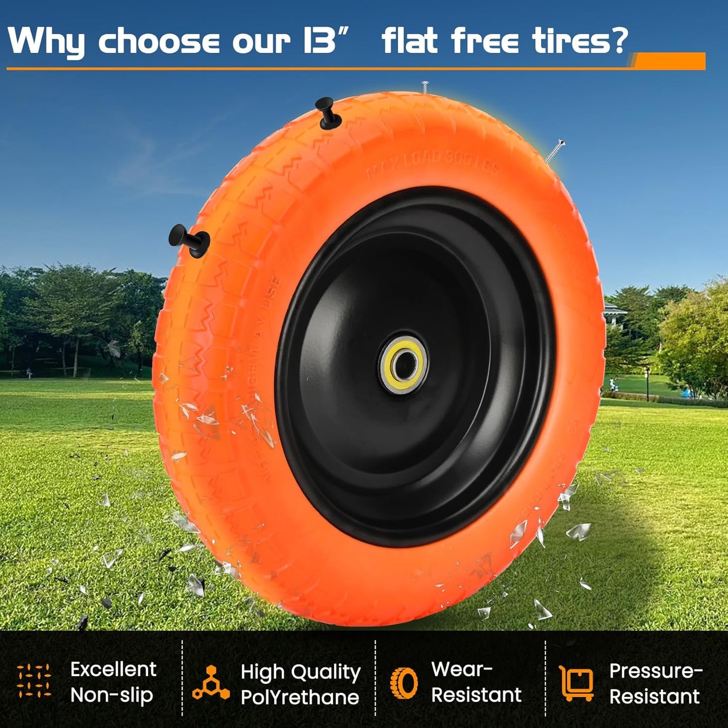 13" Flat Free Wheels Replacement for GOR Garden Cart Tires and Wheels, 4.00-6 Solid Tires and Wheels with 5/8"Bearings, 13" No Flat Wheels for GOR Garden Carts/Hand Trucks/Garden Carts（Orange）
