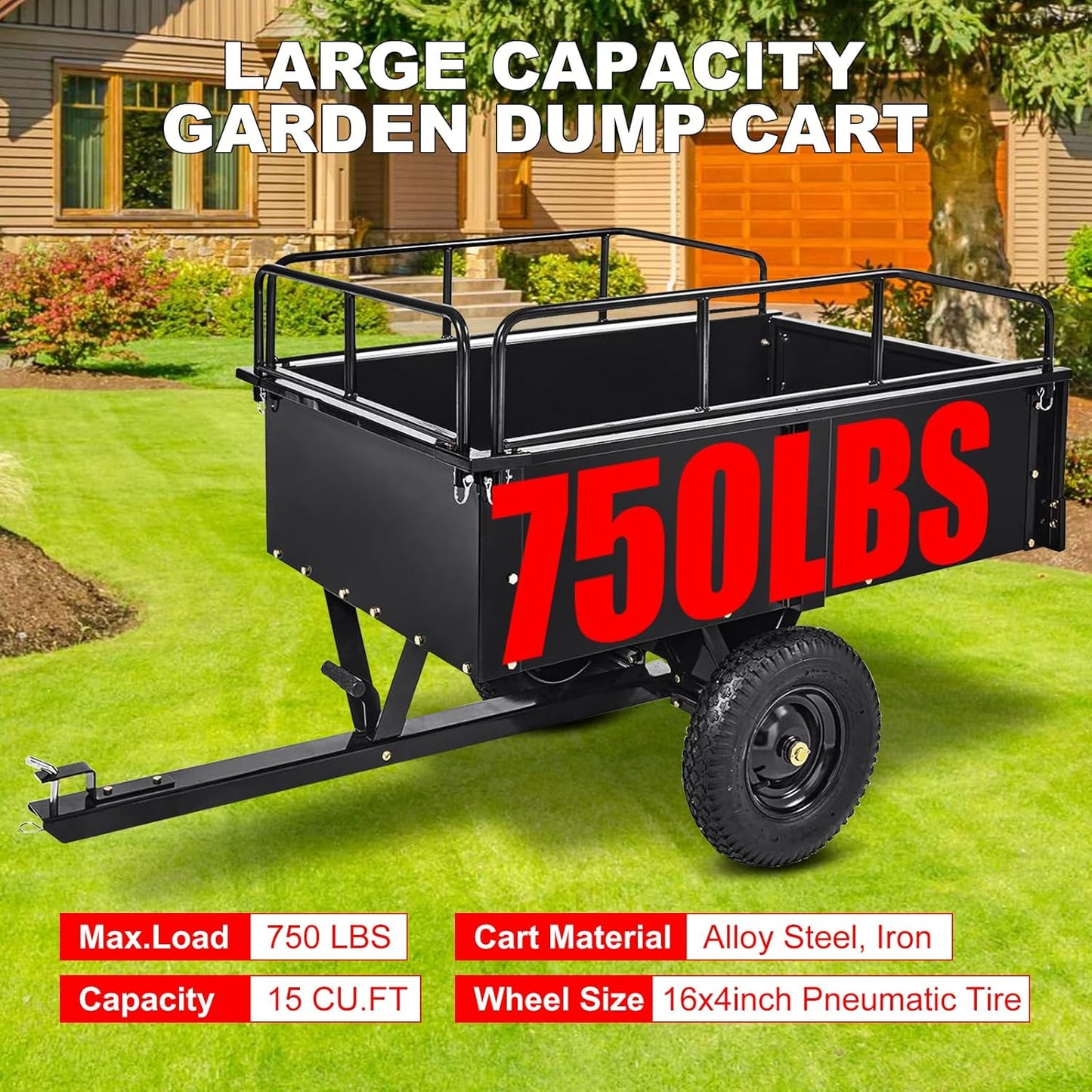 Heavy Duty Steel Dump Cart, 900 Lbs Utility Garden Trailer, ATV Dump Trailer with Removable Sides, 15 Cubic Feet HD Agricultural Trailers for Tractor Lawn Mower Garden