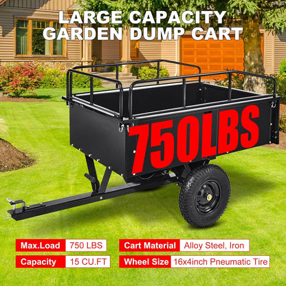 Heavy Duty Steel Dump Cart, 900 Lbs Utility Garden Trailer, ATV Dump Trailer with Removable Sides, 15 Cubic Feet HD Agricultural Trailers for Tractor Lawn Mower Garden