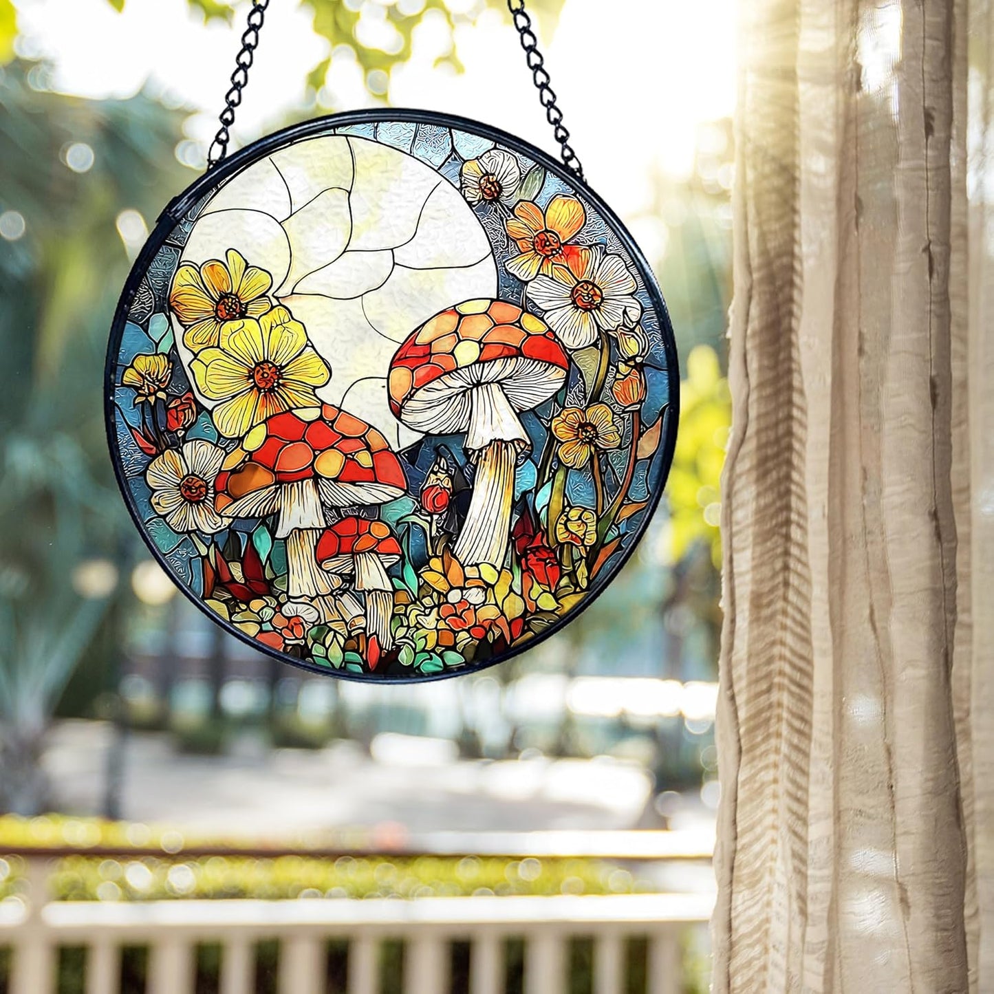 kdqua Mushroom Flower Suncatcher Stained Glass Window Hanging, Full Moon Mushroom Sun Catchers Indoor Window Glass Round Wall Decor, Cottagecore Wall Art Hanging Decorations Statues, 7.9x7.9in