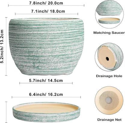SQOWL Ceramic Planters for Indoor Plants - 8 inch Plant Pot Outdoor, Ceramic Flower Pot with Drainage Hole and Saucer, Round Modern Planter, Living Room Apartment Decor, Birthday Gifts, Green
