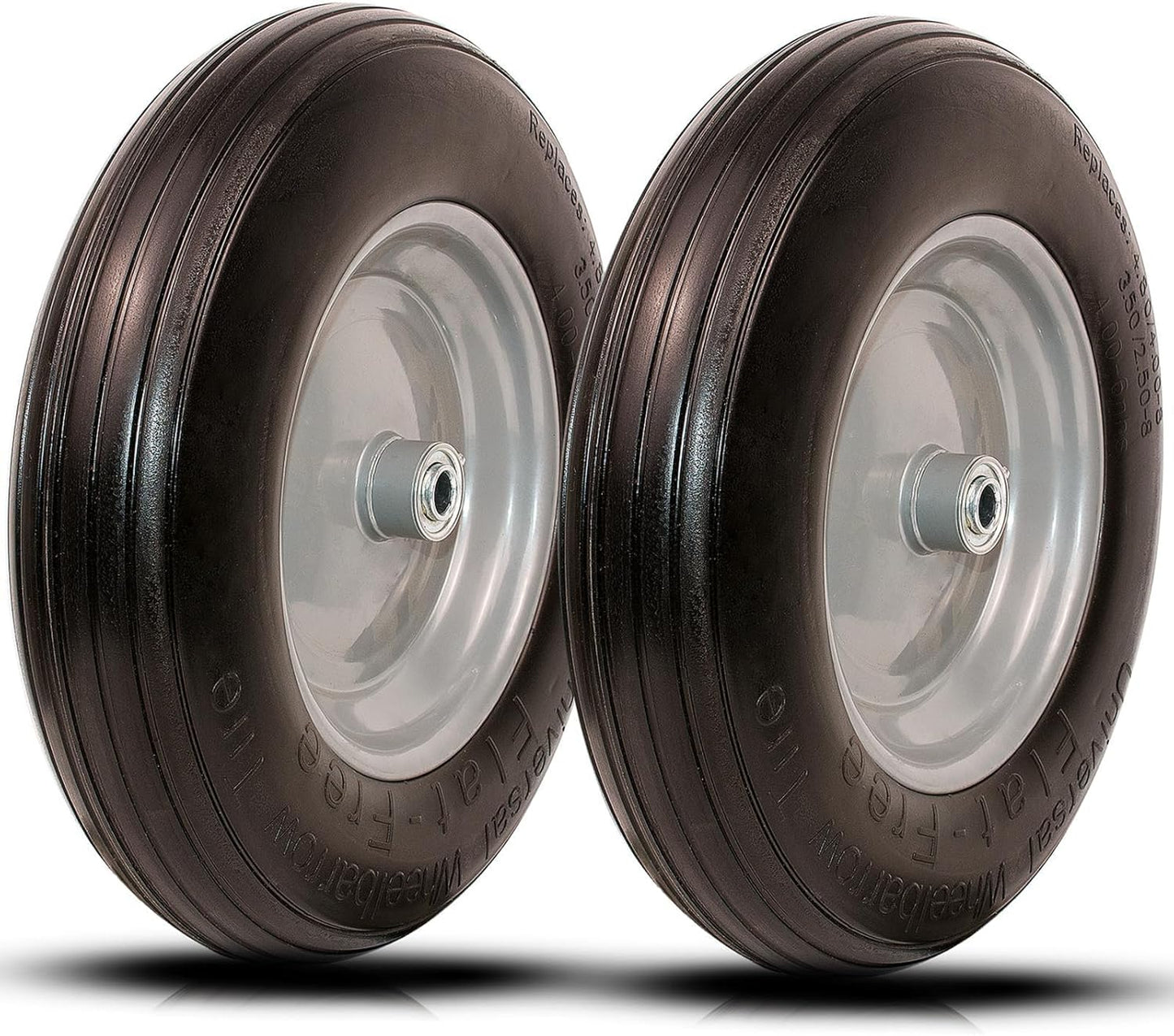 Universal Wheelbarrow Tire Flat Free 14.5"D x 3.2"W, Fits 4.80/4.00-8, 3.50/2.50-8, 4.00-6, 4.00-8 Wheelbarrow Wheels, installed 5/8" Bearing with Extra 3/4" Bearing,3"- 6" Center Hub (2 Pack)