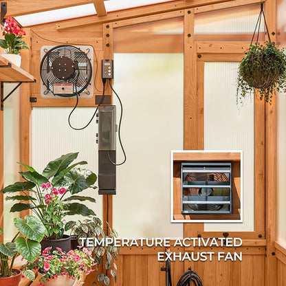 Backyard Discovery Poppy 9' x 6' Cedar Wood and Polycarbonate Walk-in Greenhouse Kit with Exhaust Fan, Windows, Hose Hook-Ups, PowerPort, Staging Shelves, Plant Hooks for Year-Round Outdoor Gardening