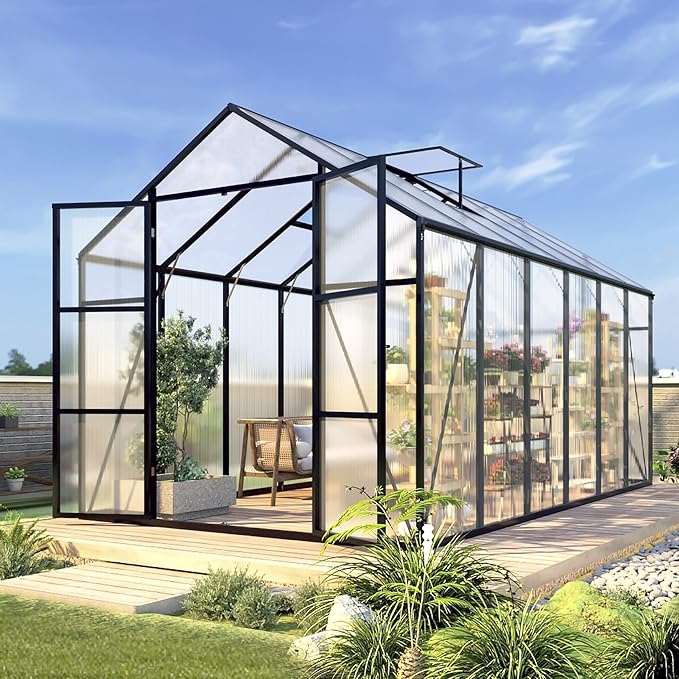 10 * 12 * 8.7FT Greenhouse for Outdoors,Polycarbonate Greenhouse with Stronger Wind Protection and Roof Vent,Walk-in Large Aluminum Sunroom Winter Proof,Black