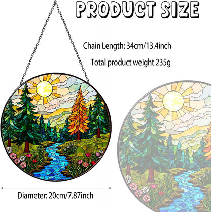 Forest Stained Glass Window Hanging Forest Sun Catcher Decor Nature Lovers Gifts for Women Suncatchers for Garden Home Windows Hanging Decoration, 7.87inch