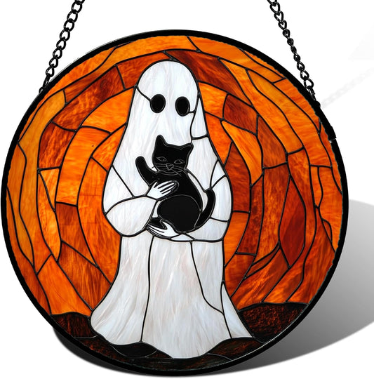 Stained Glass Window Hanging - Halloween Cute White Ghost Black Cat Suncatcher for Doors Garden