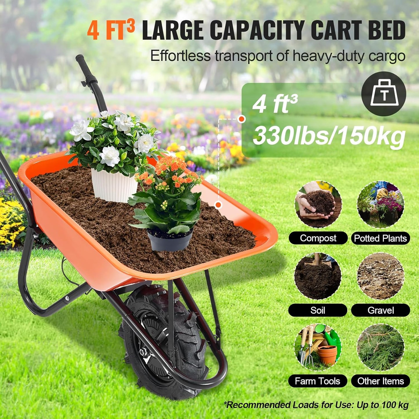 VEVOR Electric Wheelbarrow Cart, 500W Powered Utility Garden Wagon Dump Cart, 4 Cu. Ft. Load & 330 lbs Capacity with Metal Handle & 16" Track Wheels, One Wheel Barrow Yard Cart & Wagons for Lawn Farm
