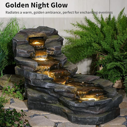 49" L Water Fountain Outdoor 5-Tiers Rock Natural Waterfall Fountains Floor Standing Water Features with LED Lights for Garden, Patio, Porch, Home Art Decor
