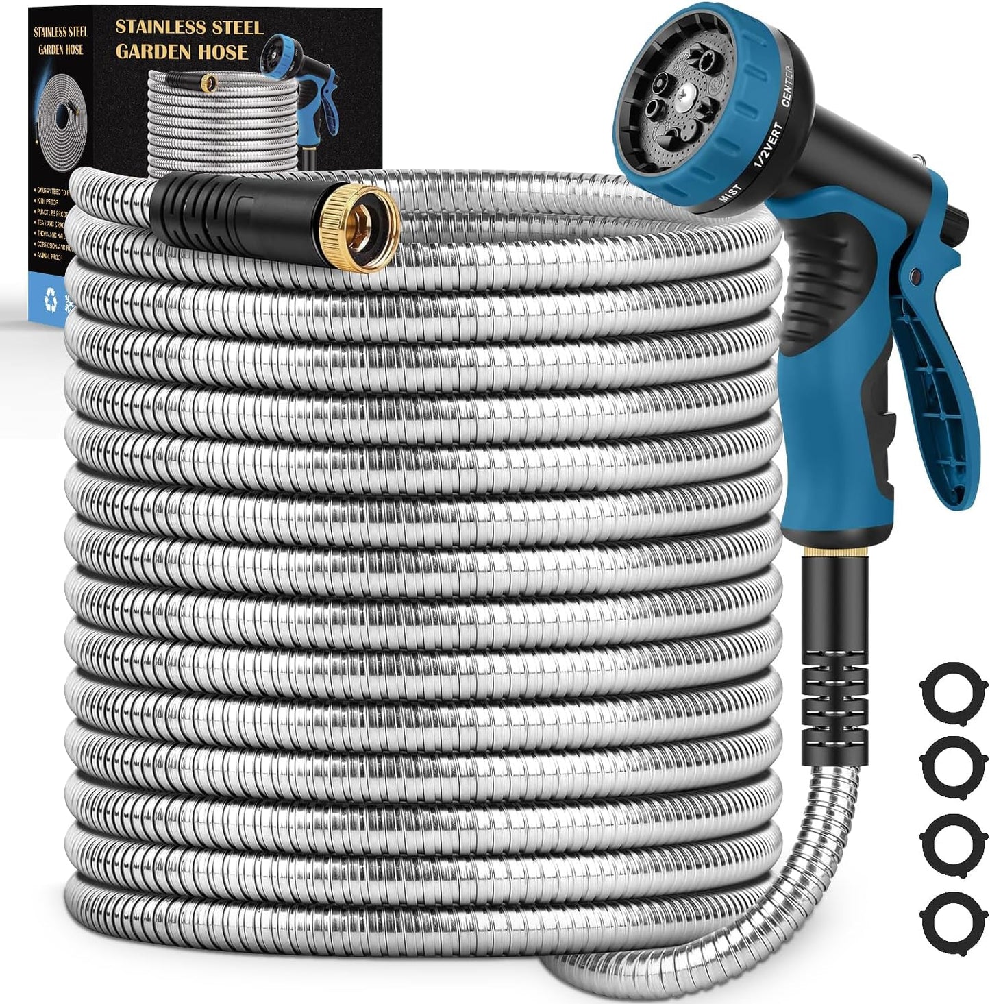 Garden Hose 95FT, Water Hose with 10 Function Nozzle, Garden Hose Metal with Leak-proof Connectors, Kink-Free & Ultra Flexible, Rust/Pet/Puncture Proof for Lawn, Yard, RV, Car Wash, 550PSI