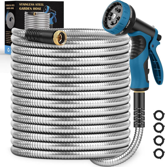 Garden Hose 95FT, Water Hose with 10 Function Nozzle, Garden Hose Metal with Leak-proof Connectors, Kink-Free & Ultra Flexible, Rust/Pet/Puncture Proof for Lawn, Yard, RV, Car Wash, 550PSI