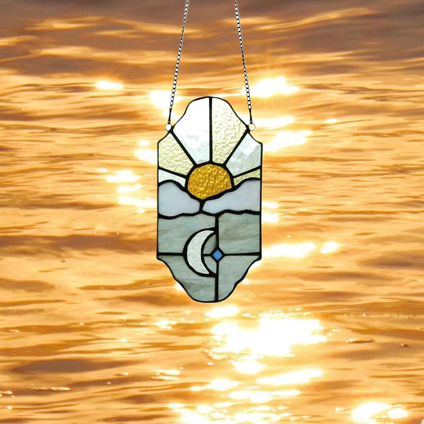 Sun and Moon Suncatchers Decor Stained Glass for Window Hangings,Handcrafted Tiffany Style Stained Glass Art Sun and Moon in The Sky for Living Room Bedroom Balcony (Silver&Yellow)