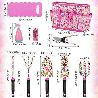 Housolution Gardening Tools Set, 10 PCS Stainless Steel Heavy-Duty with Non-slip Soft Rubber Handle with Large Garden Bag, Floral Pattern Gardening Tool Set Gifts for Women Birthday Mother's Day, Pink