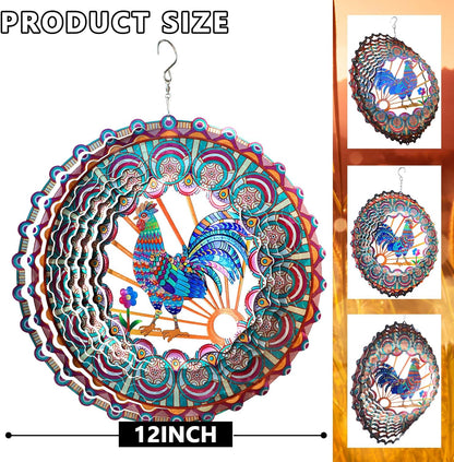 Rooster Wind Spinner - 3D Kinetic Chicken Wind Spinners | 12-Inch Rustproof Metal Hanging Sculpture, Outdoor Garden & Patio Decor, Unique Gifts for Dad, Mom, Men, Women
