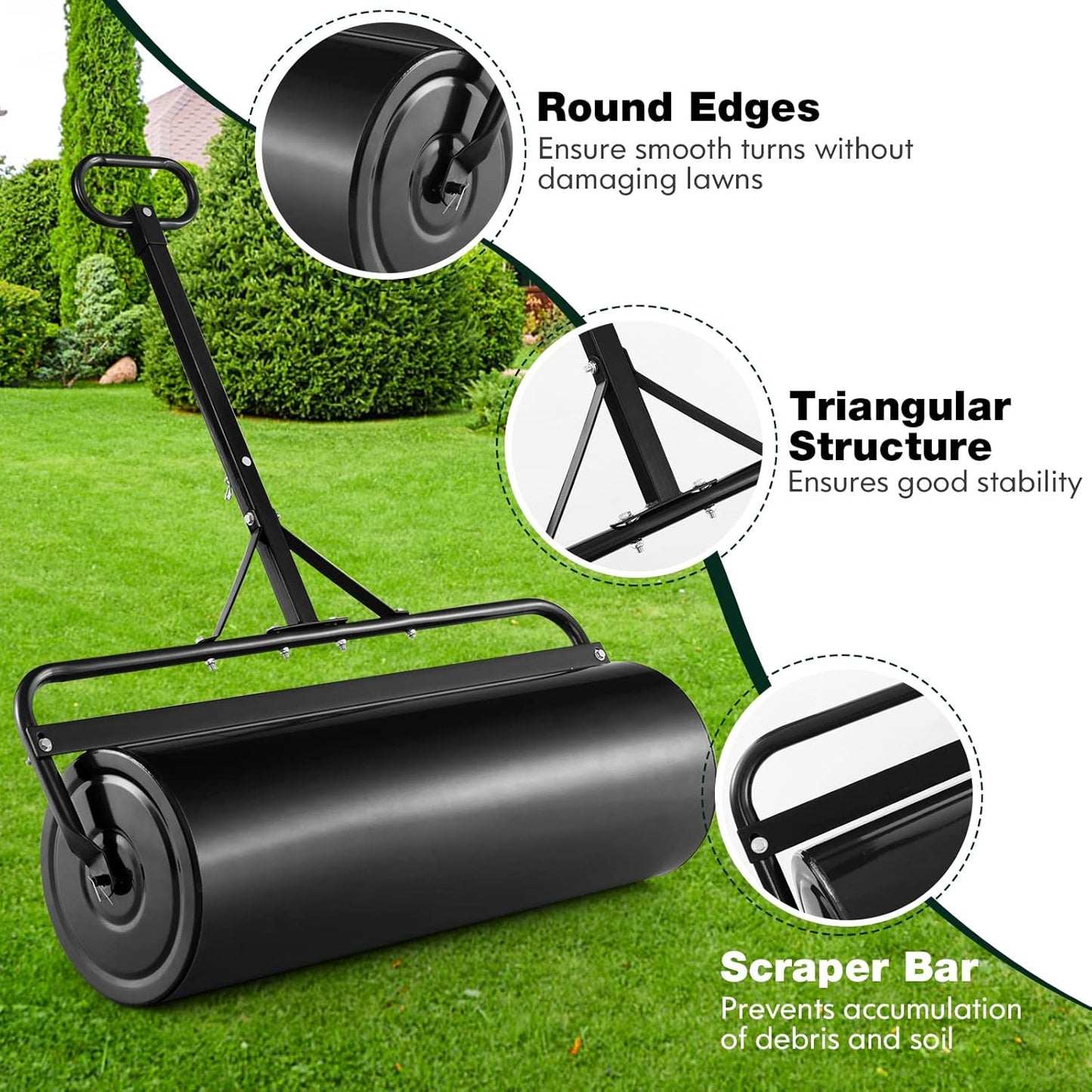 Goplus Lawn Roller, Push/Tow Behind Lawn Roller, 30 Gallon/113L Water Sand Filled Sod Roller Drum Roller with Detachable Gripping Handle, Yard Roller Pull Behind a Tractor for Garden Yard Park Farm