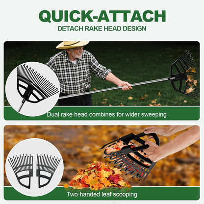 Adjustable Leaf Rake 30-65 Inch – 30 Tines Garden Rakes with Non-Slip Handle&Quick-Detach Head Lightweight Yard Rake for Wet Leaves, Pine Needles, Gravel