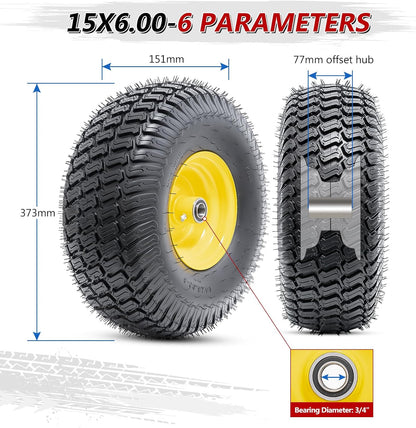 15x6.00-6(4PR) Tubeless Tire and Wheel, 15-Inch Replacement Pneumatic Tires and Wheel with 3/4" Bearings Compatible with Hand Truck, Wheelbarrow, Wagon, Gorilla Carts (Yellow, 2PCS)
