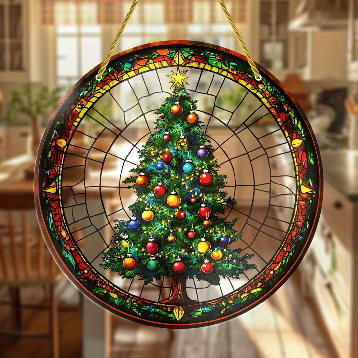 7.87inch Christmas Tree Sun Catcher for Window Hanging Round Acrylic Hanging Suncatcher for Garden Decor ，Wall Home, Kitchen, Housewarming Women Neighbor Winter Xmas Decor Gifts