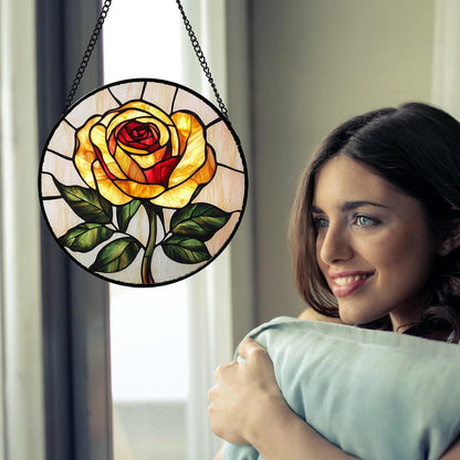 Stained Glass Window Hanging - Elegant Yellow Rose Flower Sun Catcher for Door Garden Home Decor Suncatcher Christmas Mother's Day Birthday Gifts for Women Mom Girl Nana Friend 6.3 in