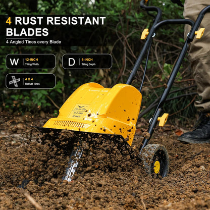 Garden Rototiller 12-Inch 10.5-Amp Corded Electric Tiller/Cultivator, Adjustable Wheels, 8-Inch Tilling Depth, Powerful and Lightweight Tiller
