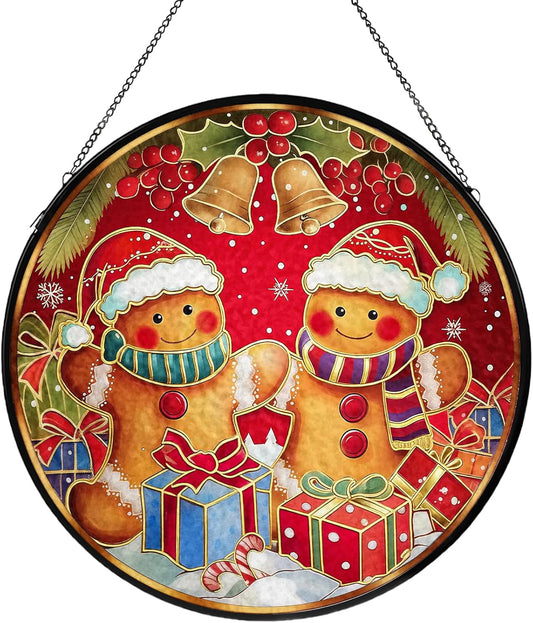 Christmas Decorations Stained Glass Window Hanging, Gingerbread Candy Cane Christmas Suncatcher for