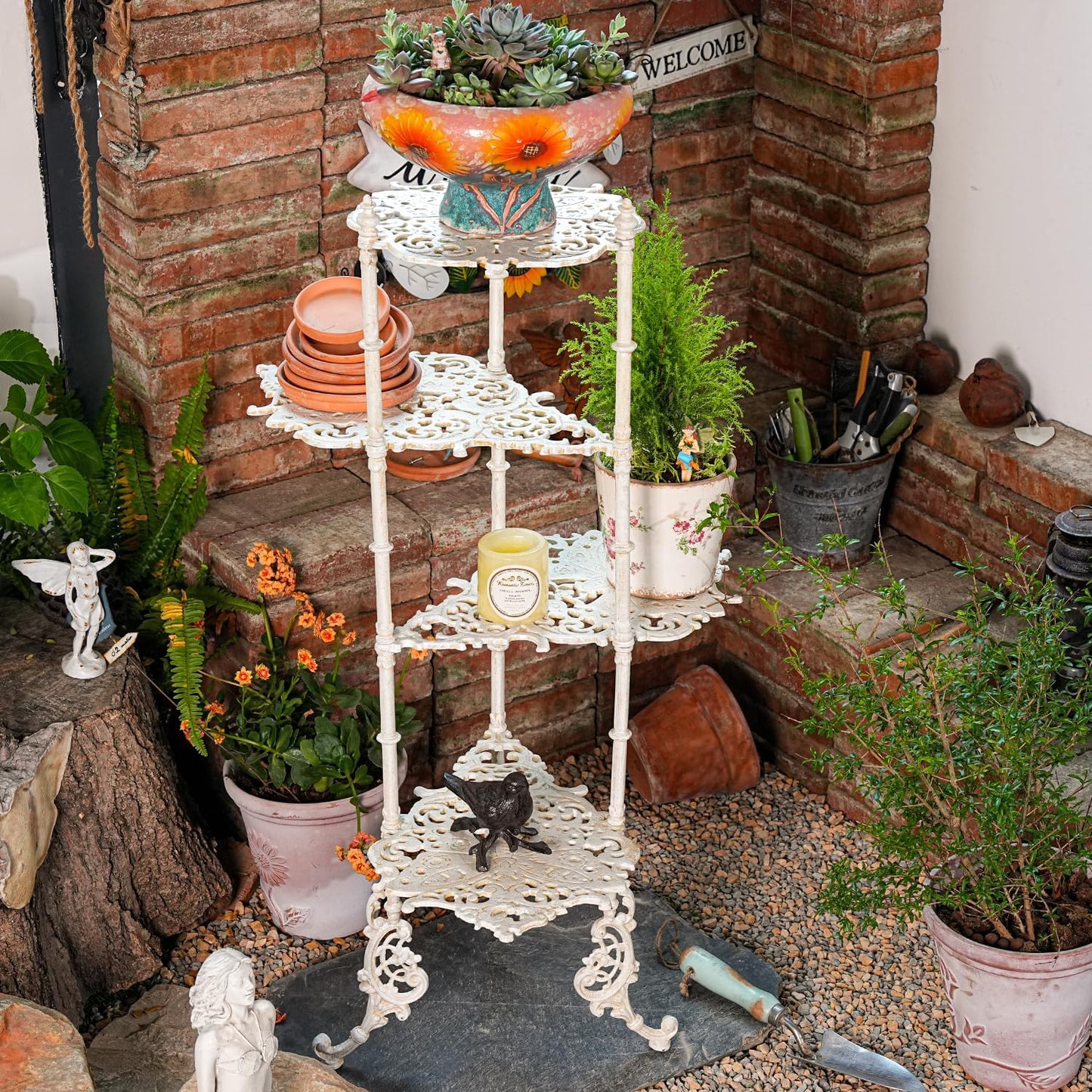 Sungmor Vintage Cast Iron 4-Tier Plant Stand, Elegant Butterfly & Floral Design with Antique White Finish, 36 Inch Tall Rustic Flower Pot Holder, Heavy Duty Metal Display Shelf for Indoor and Outdoor