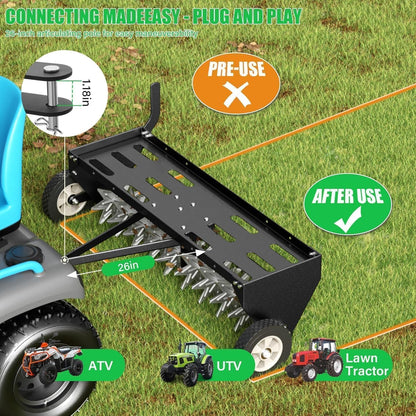 Doniks 40-Inch Tow Behind Plug Aerator with Transport Wheels, Lawn Aerator Tow Behind with Galvanised Steel Tines and Extra-Wide Tow Bar, Pull Behind Aerator for Gardens, Lawns, Farms