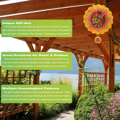 Wind Spinners - 12 Inches Large Hummingbird Wind Sculptures, 3D Reflective Metal Wind Spinner for Yard and Garden, Hummingbird Gifts for Mom, Daughter, Grandma's Birthday, Yellow Red