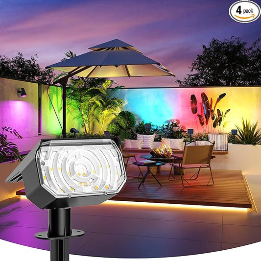 Color Changing Solar Spot Lights Outdoor, 9 Lighting Modes Colored Solar Lights Outdoor RGB Color, Solar Lights Waterproof IP67, Landscape Spotlights for Holiday Decorations, 4 pack