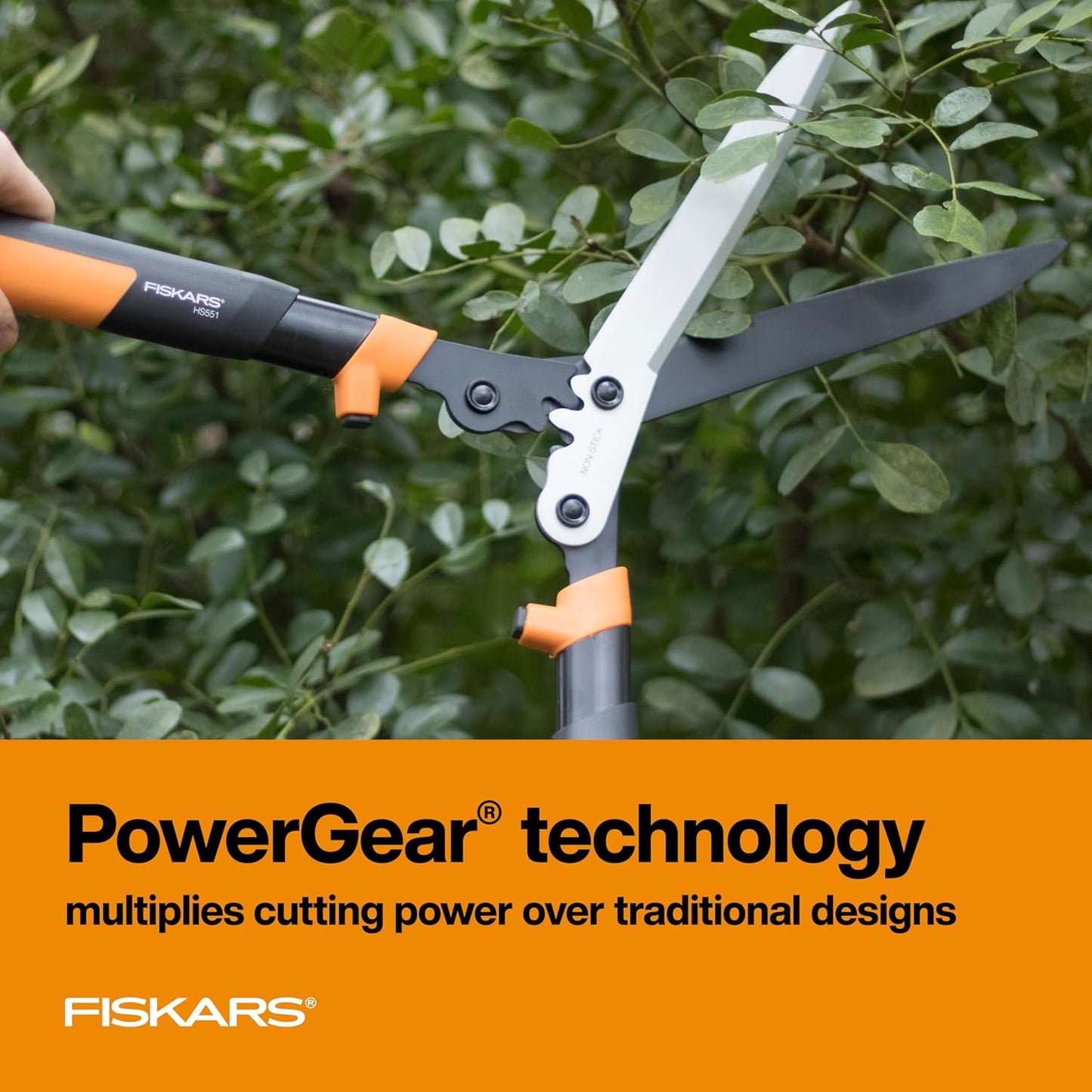 Fiskars 23-Inch Hedge Shears, Bush Trimmer with PowerGear2 Technology that Multiplies Power for Less Effort, SoftGrip Handles with Shock-Absorbing Bumpers