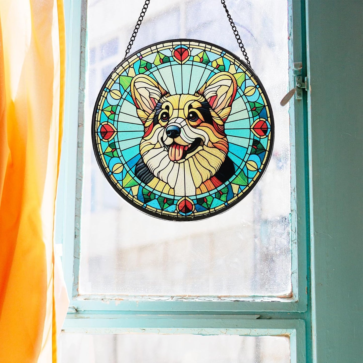 Stained Glass Dog Memorial Suncatcher,Corgi Window Hanging,Sympathy Gifts for Pet Loss,7.9 inch/20 cm Home and Garden Decor for Dog Lovers (Corgi)