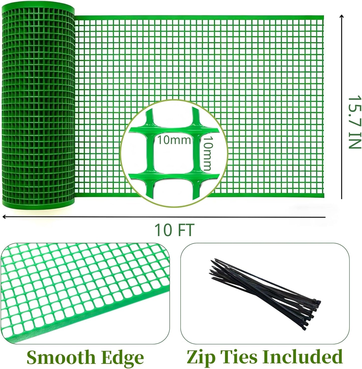PotatoLife Plastic Wire Mesh Fence, Balcony Fence for Baby and Pets, Safety Fence, Stair Protector, Poultry, Garden, Tree Support, Durable Material, Free Zip Ties (Green, 15.7'' x 10')