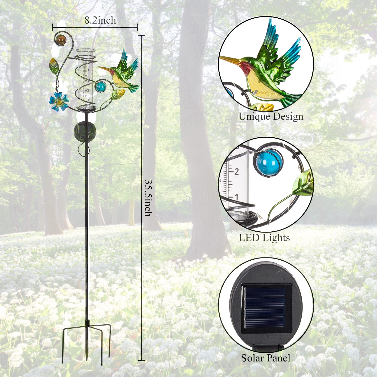 Stargarden Hummingbird Rain Gauge Outdoor Solar LED Lights Rain Gauge